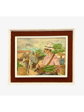 Painting The Market Latin American Scene Oil on Canvas Signed P. Rodríguez 1968
